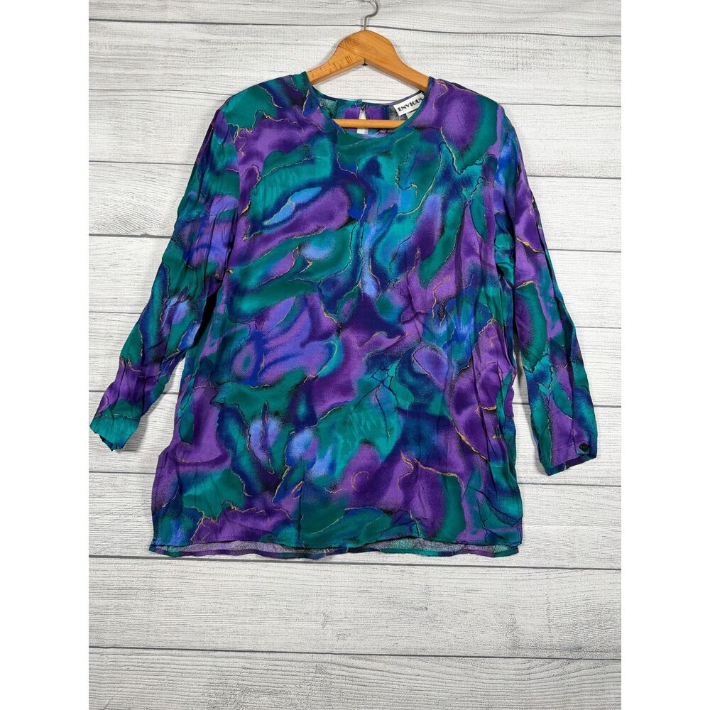 Vintage Envious Women’s Small 100% Rayon Purple Teal Abstract Blouse USA 4210